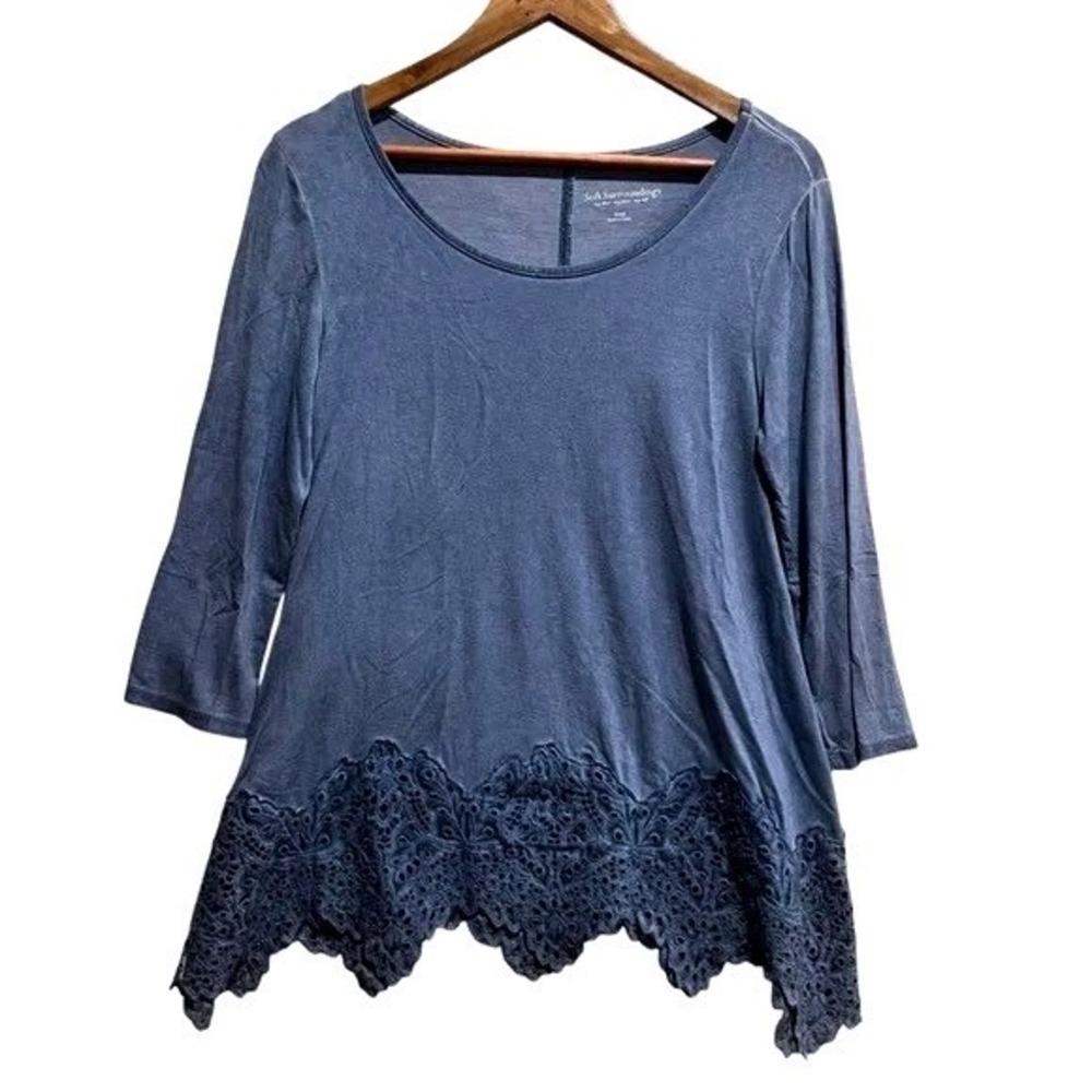 Soft Surroundings Blue Crochet Lace Hem Top Small 3/4 Sleeve Boho‎ Tunic Blouse